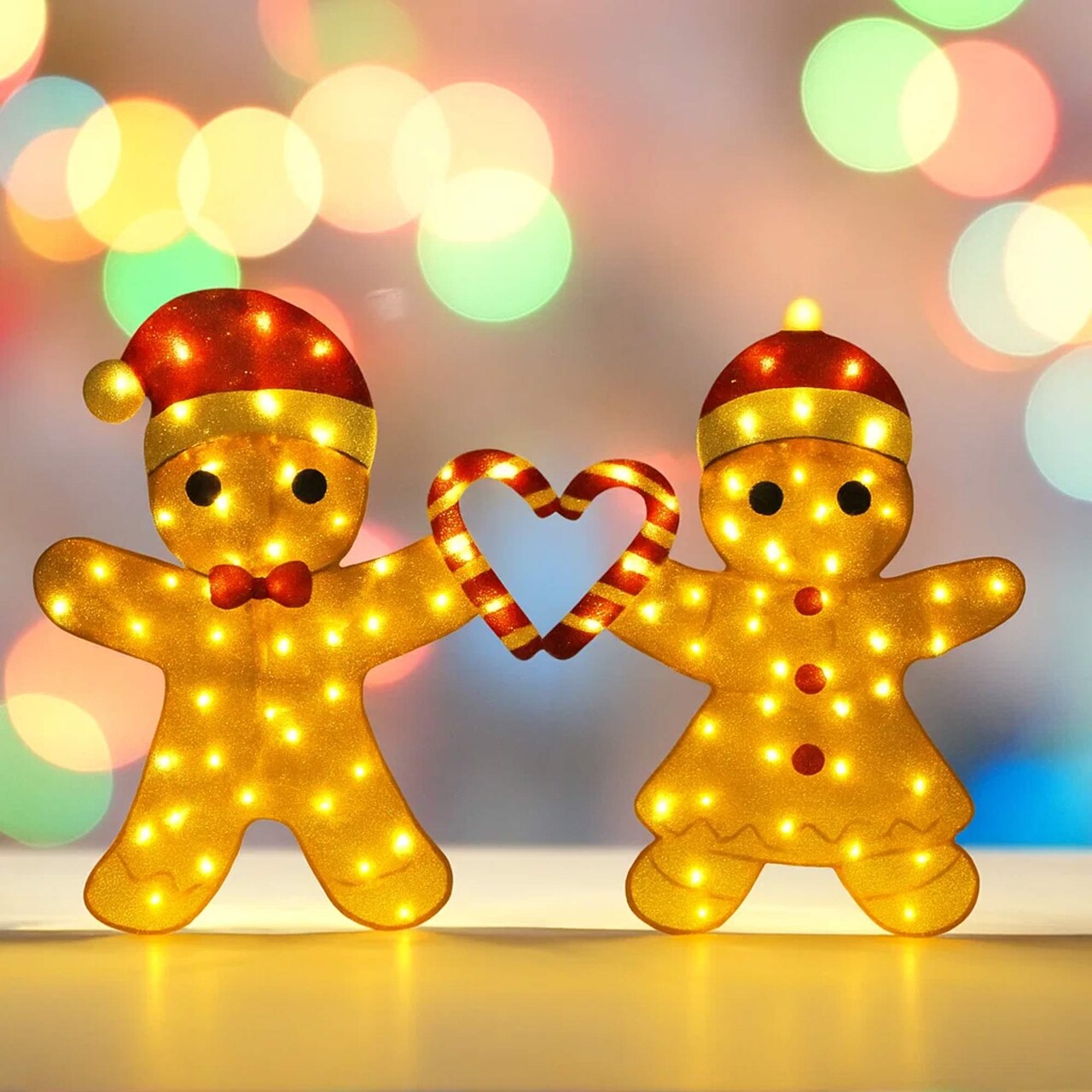 Delightful Light Up Gingerbread Man Couple with Heart-Shaped Candy Cane 32"H